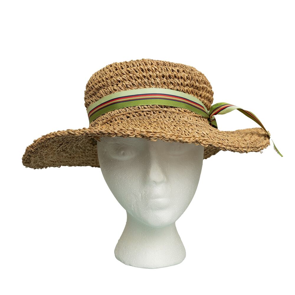 Vintage Boho 70s 80s Cottagecore Straw Sun Hat with Green Striped Ribbon - EUC